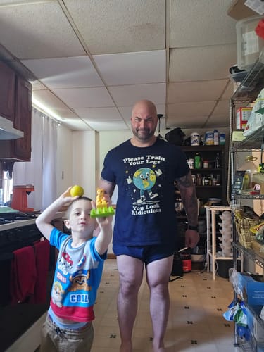 Customer photo review of Please Train Your Legs T-Shirt