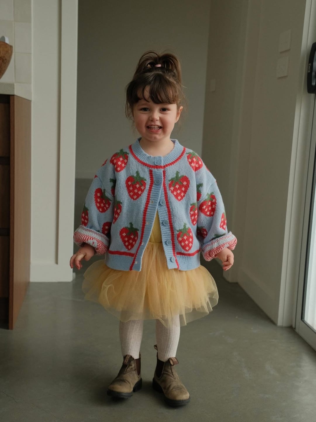 Customer photo review of PRE-ORDER JUNI JNR - Strawberry Sky Knit Cardigan