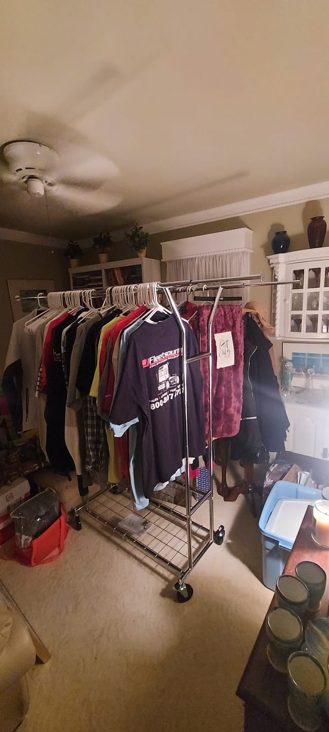 Customer photo review of Raybee 74"W Heavy Duty Clothes Rack on Wheels, 630LBS Adjustable Double Rod Garment Rack, Chrome Metal Commercial Clothing Rack with Storage Shelves