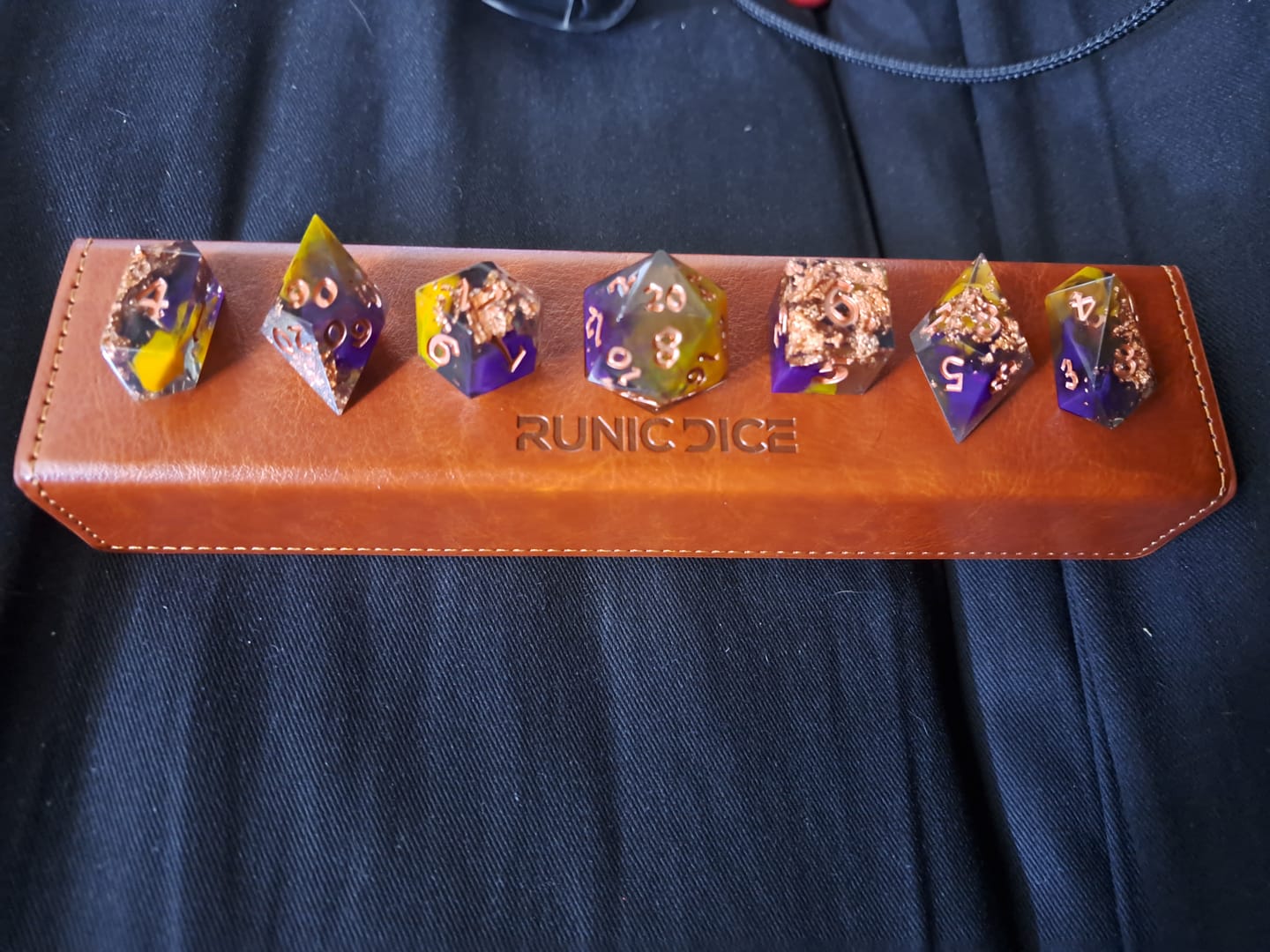 Customer photo review of Purple And Gold Handmade Resin DND Dice Set
