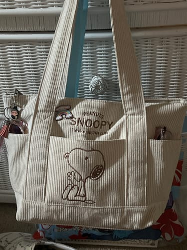 Customer photo review of Peanuts Snoopy Corduroy Tote Bag - I Woke Up This Cute (4 Colors)