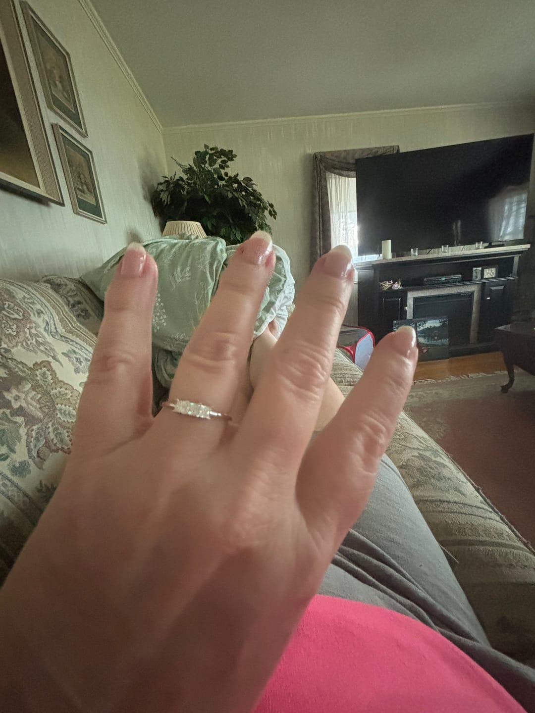 Customer photo review of Tiny Three Stone Princess Moissanite Thin Engagement Ring