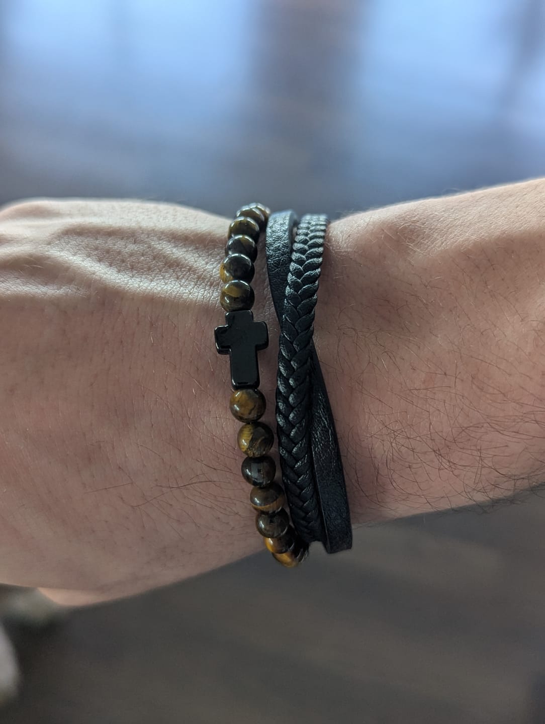 Customer photo review of Olivenorma Tiger Eye Cross Stainless Steel Braided Leather Bracelet