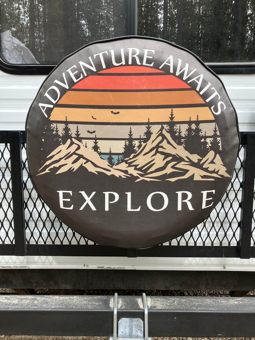Customer photo review of Adventure Awaits + Explore Mountain Custom Tire Cover for Jeep, RV, Camper, & More