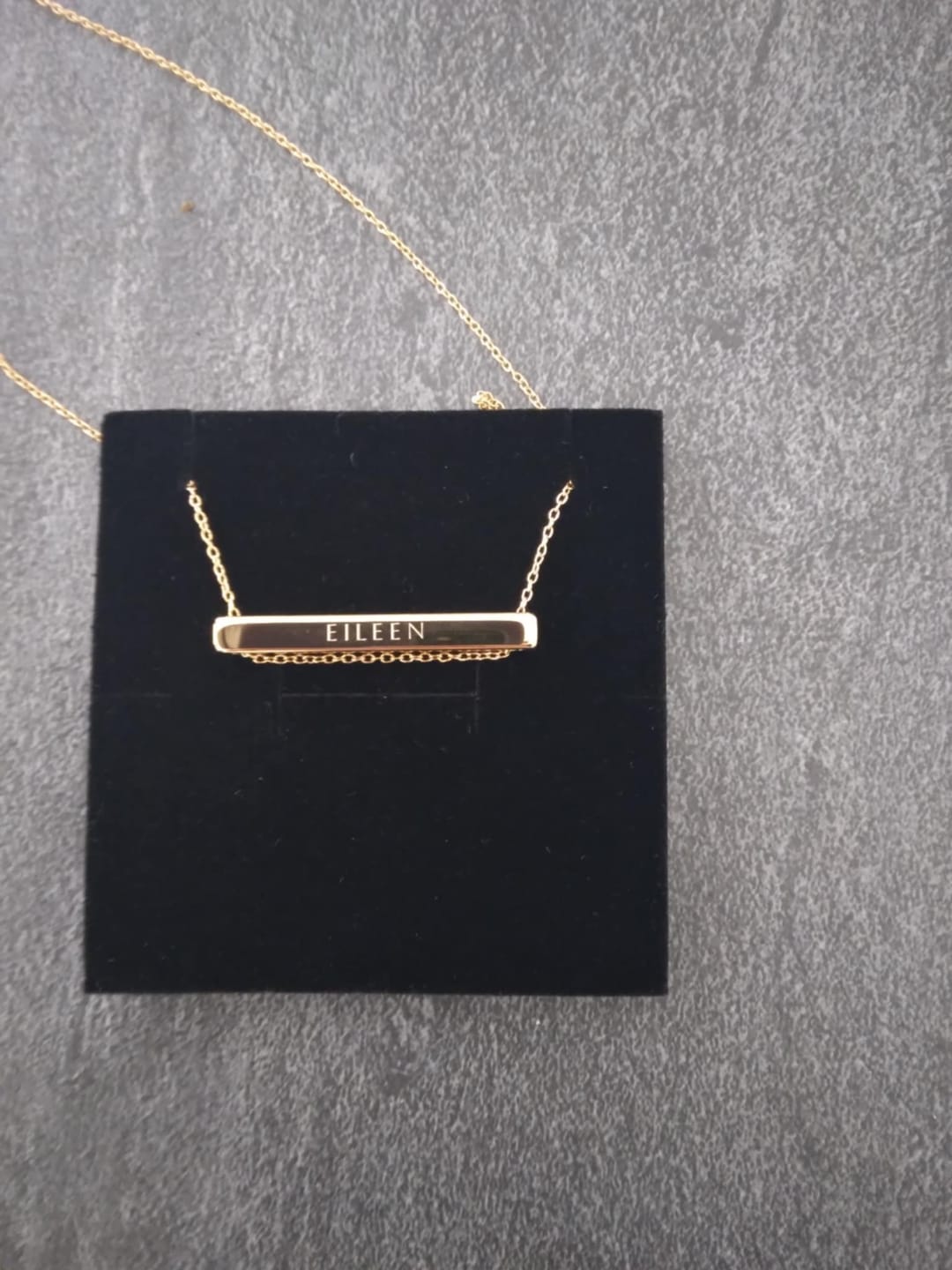 Customer photo review of 4cm Letter Bar Necklace in Gold Horizontal