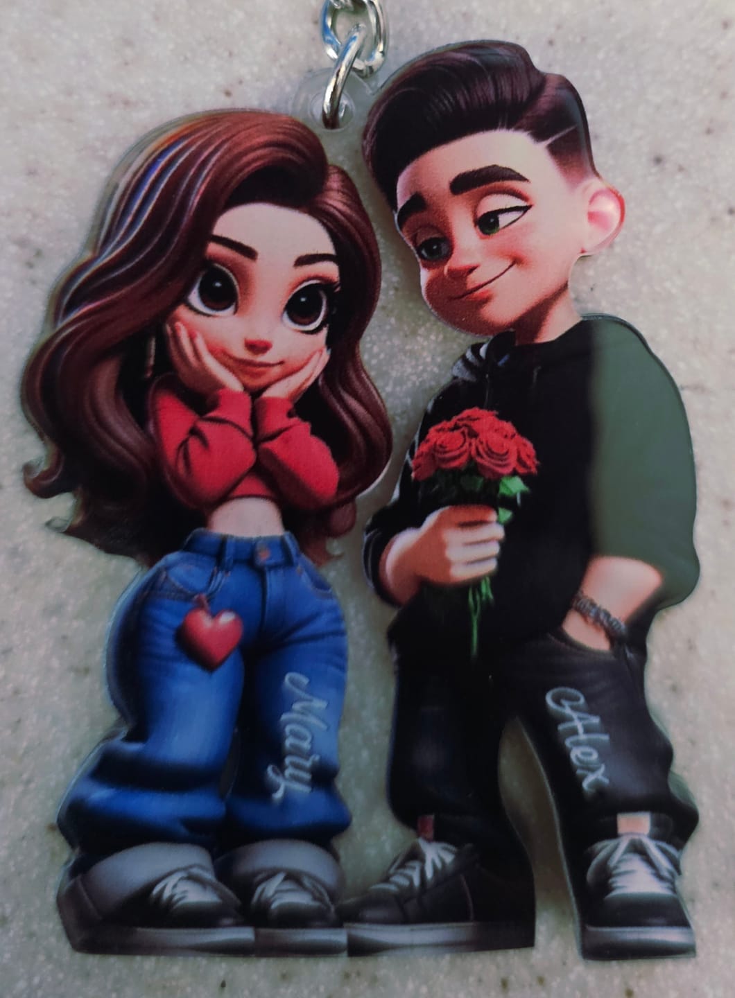 Customer photo review of 3D Effect Y2K Couple Personalized Acrylic Keychain, Perfect Gift For Couple, for him, for her