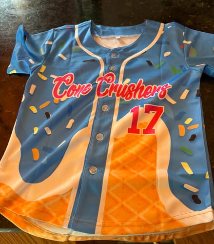 Customer photo review of Custom Powder Blue Ice Cream Cone Graffiti Pattern Fashion Authentic Baseball Jersey