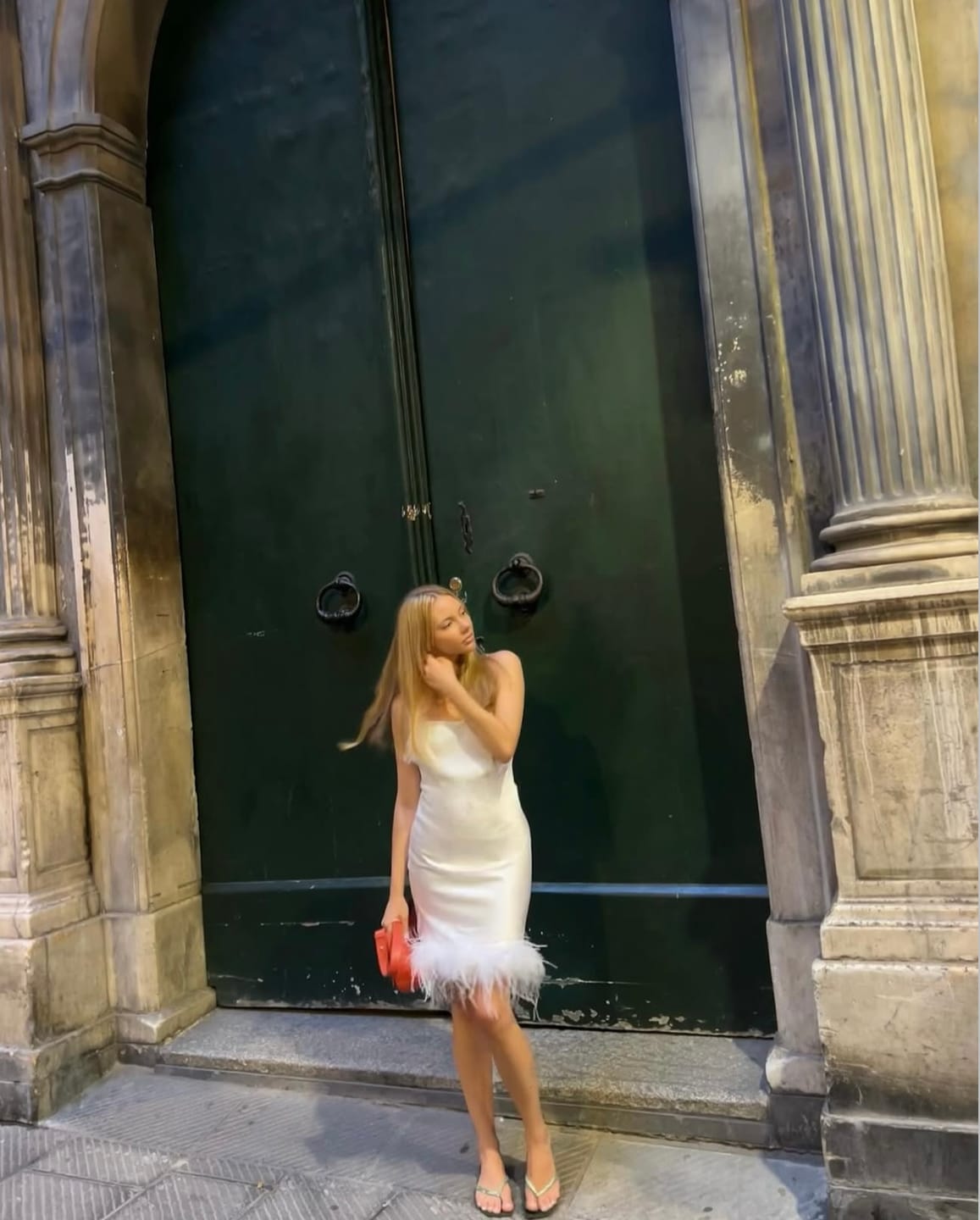 Customer photo review of SILKINC Feather Trim Silk Slip Mini Dress