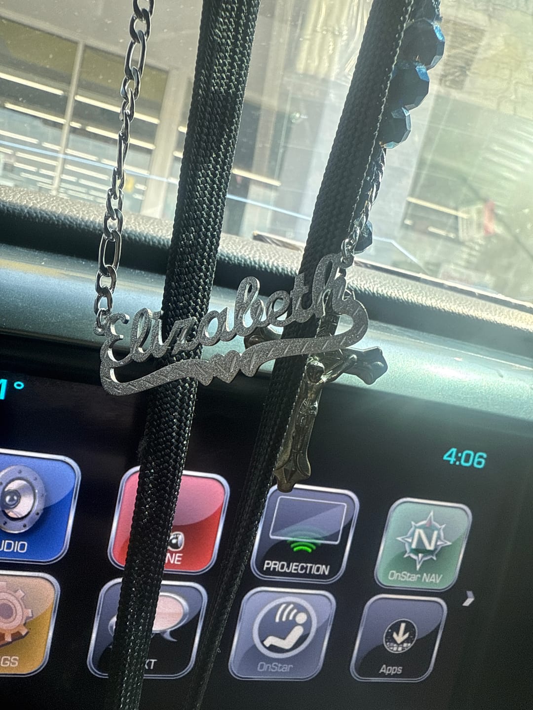 Customer photo review of Engraved Rose Bar Necklace
