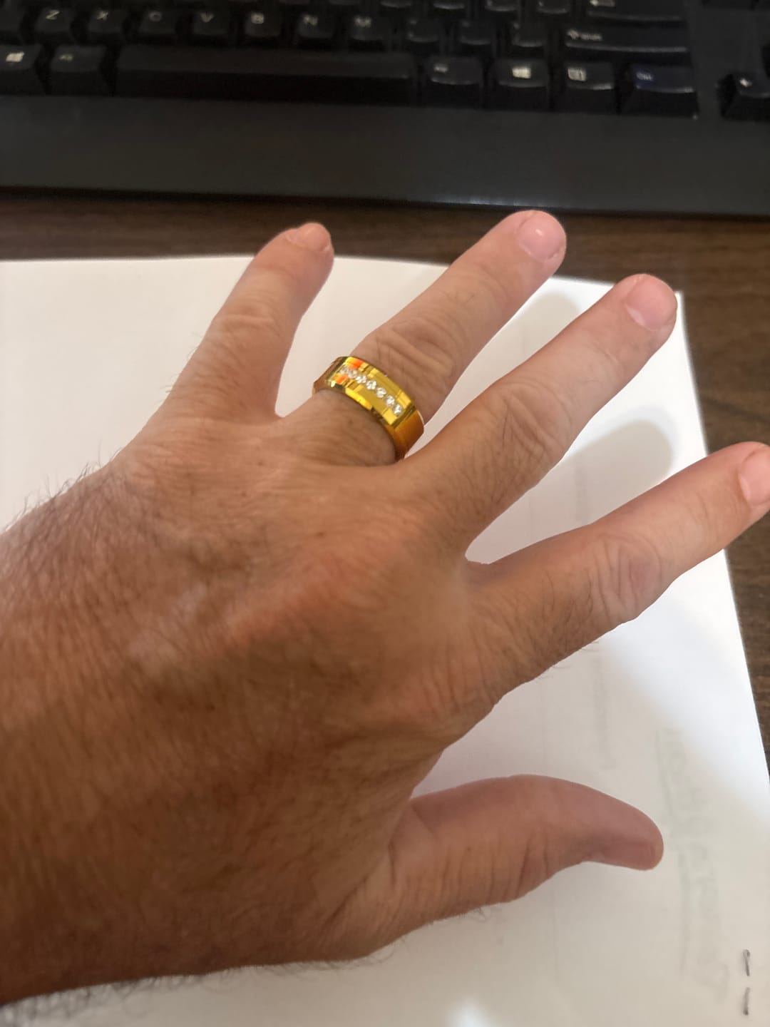 Customer photo review of 8mm - Gold Tungsten Wedding Band W/ 7 CZ Diamond Inlay High Polished
