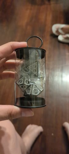 Customer photo review of Temple Ruins White Acrylic Dice Set