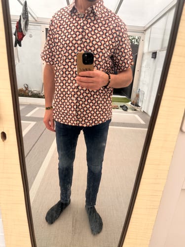 Customer photo review of Chemise d'été à manches courtes rétro pour homme boutonnée avec motifs géométriques circulaires vintage idéale pour la plage