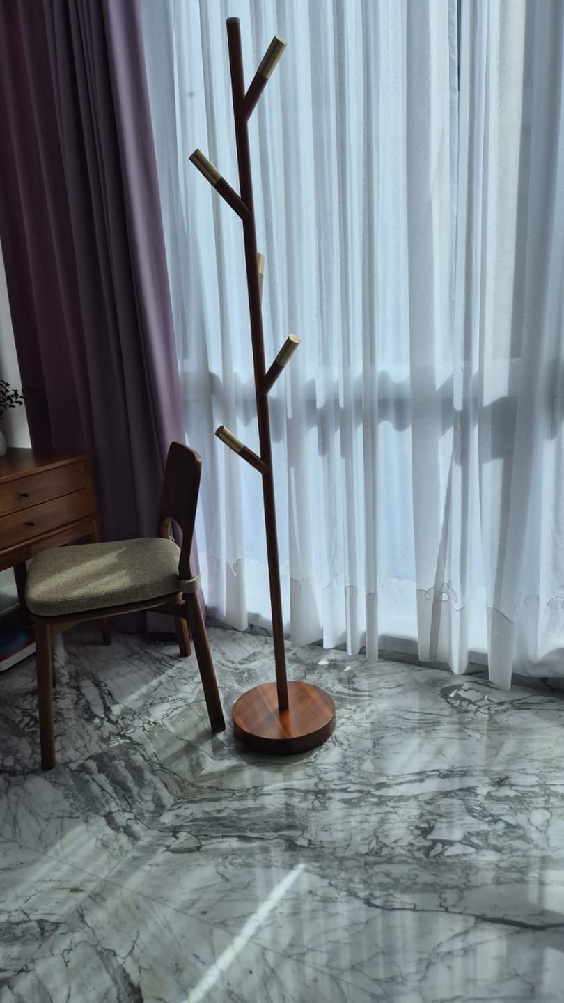 Customer photo review of Minimalist Teak Coat Rack – Branch Design