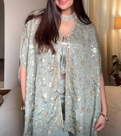 Customer photo review of Alaya Mehfil Smoke Green Cape Set