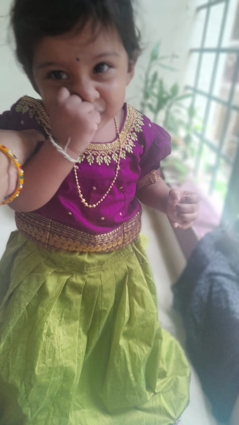 Customer photo review of Green and Wine Kids Langa Blouse – Traditional Zari Border Cotton Dress for Baby Girl