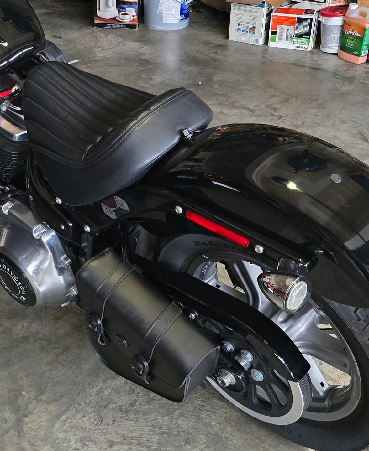 Customer photo review of 3L - Dark Age Plain Leather Motorcycle Swing arm Bag For Harley Softail