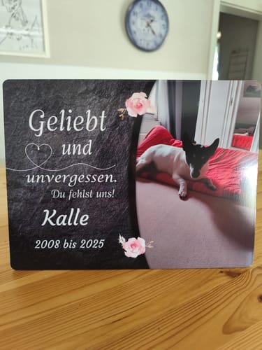 Customer photo review of Hunde Gedenktafel mit Foto & Spruch (UV- &  Wetterfest)