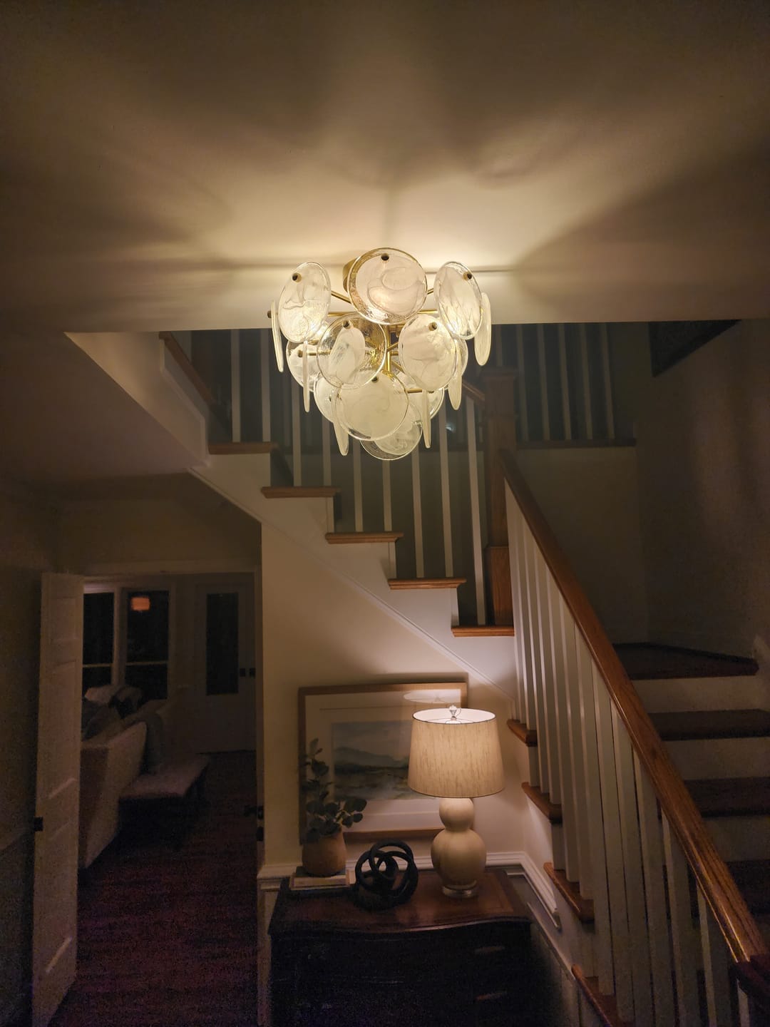 Customer photo review of Brass Tiered Opal Swirl Glass Semi Flush Chandelier