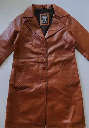 Customer photo review of Long Cognac Leather Car Coat for Women
