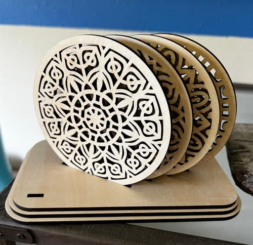 Customer photo review of Mandala coasters set with holder laser cut svg file