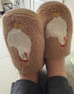 Customer photo review of Brown Fuzzy Chicken Slippers - Adult