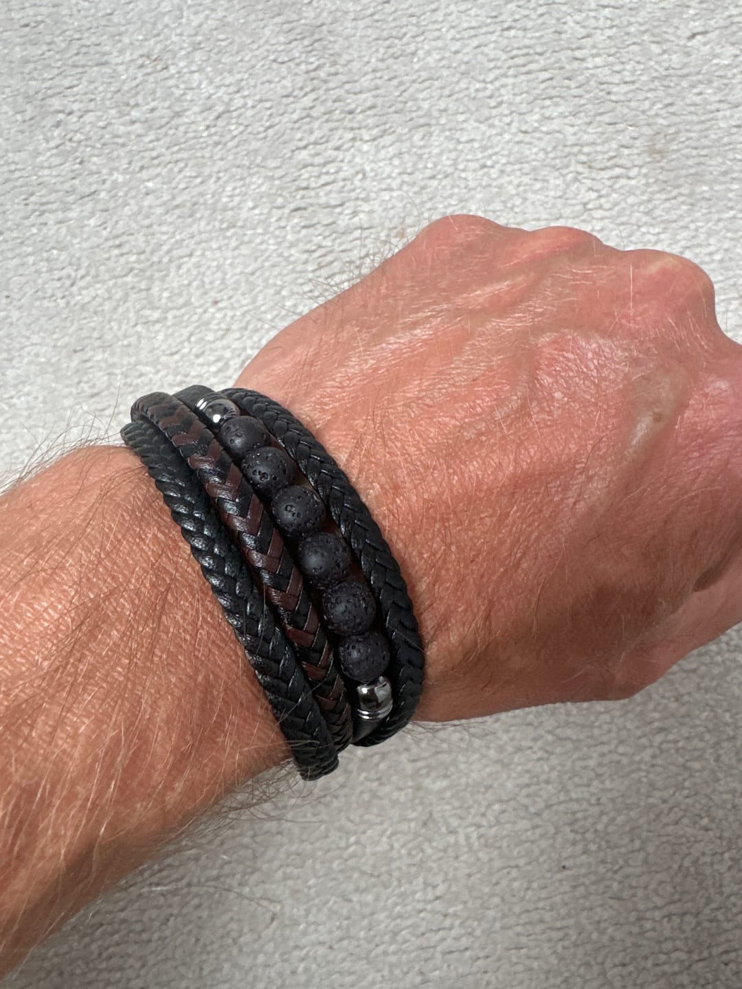 Customer photo review of Buddha Stones Tiger Eye Lava Rock Black Onyx Lazurite Hematite Bead Positive Leather Bracelet