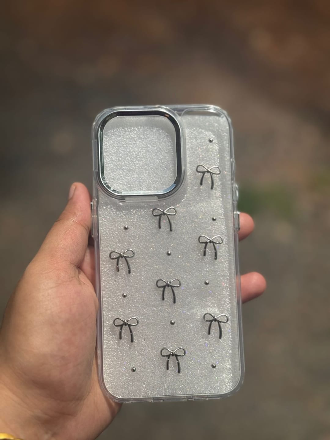 Customer photo review of 3D Glitter Silver Bow Transparent iPhone Case
