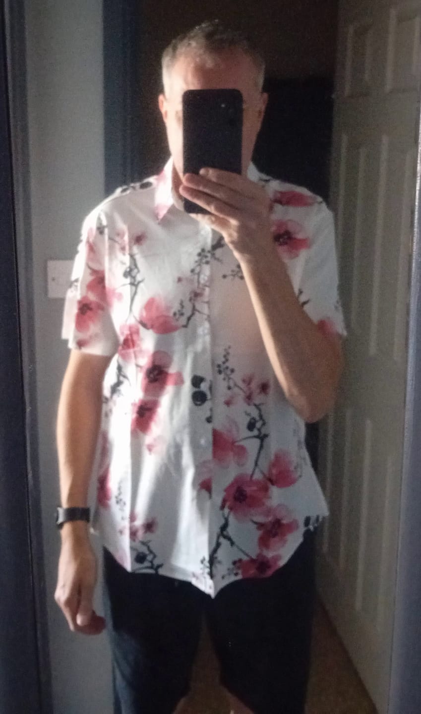 Customer photo review of Men's Casual Pink Floral Print Summer Button Up Flower Short Sleeve Cherry Blossom Shirt