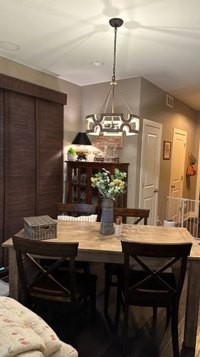 Customer photo review of 3-Light Farmhouse Open Aged Wood Drum Pendant Light