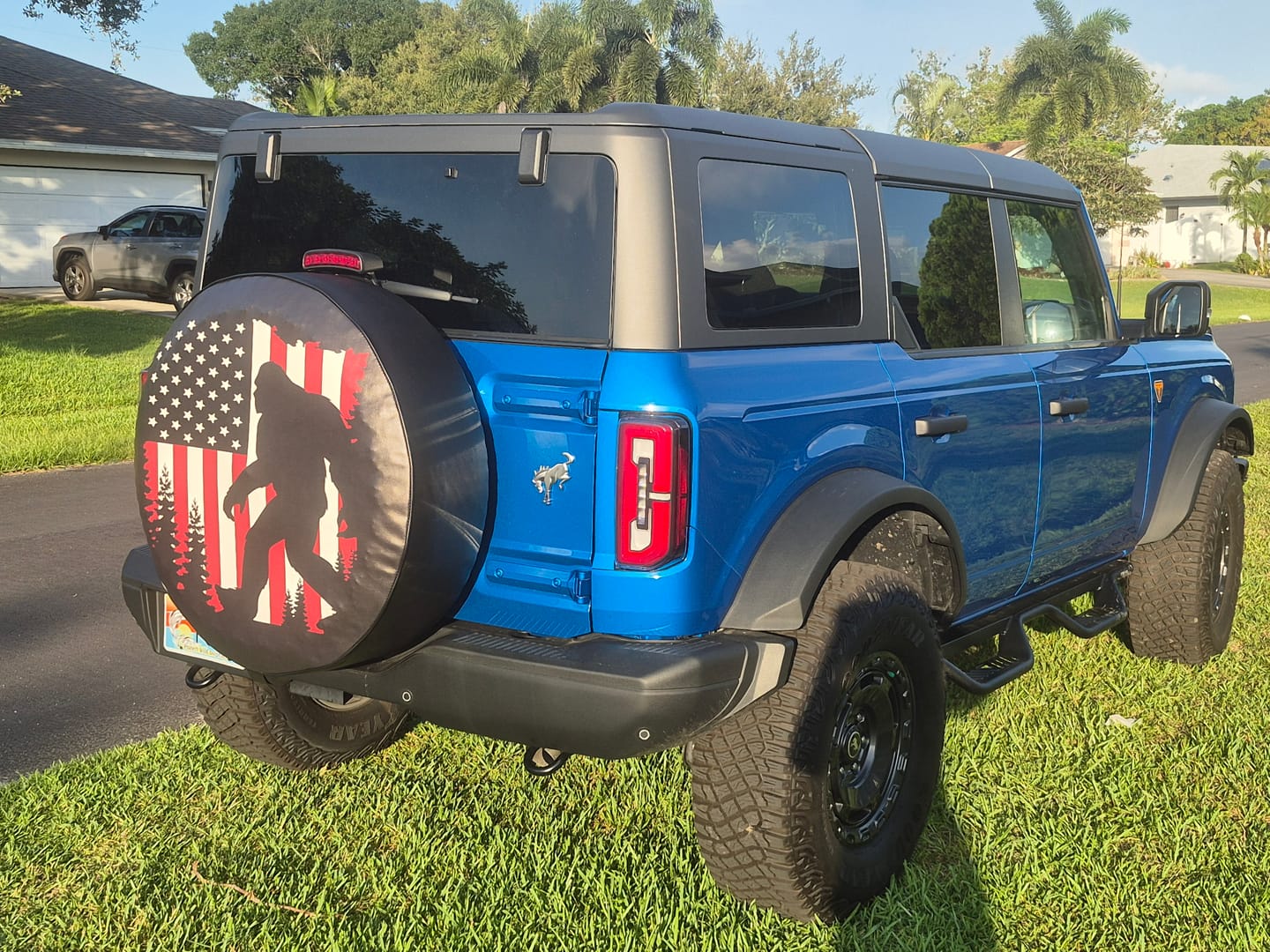 Customer photo review of Bigfoot or Sasquatch American Flag Spare Tire Cover for Bronco, Jeep, Camper, RV, & More