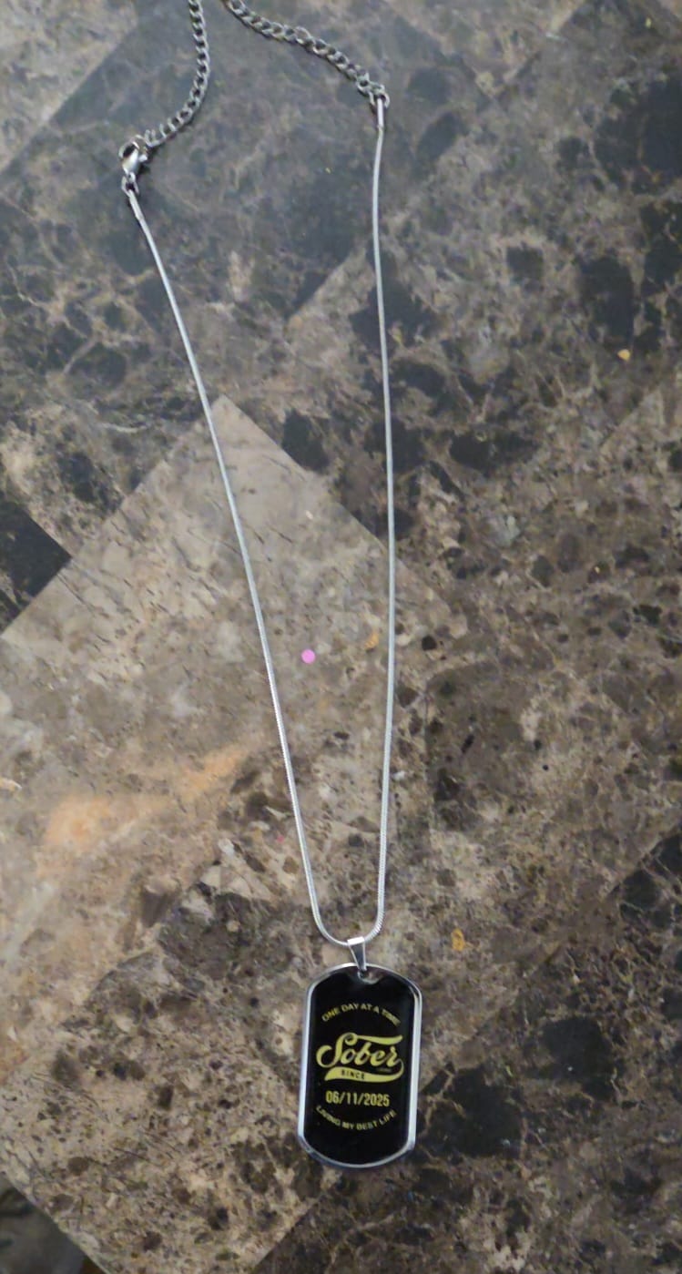 Customer photo review of Sobriety Gift | Dog Tag with Personalized 'Sober Since' Date