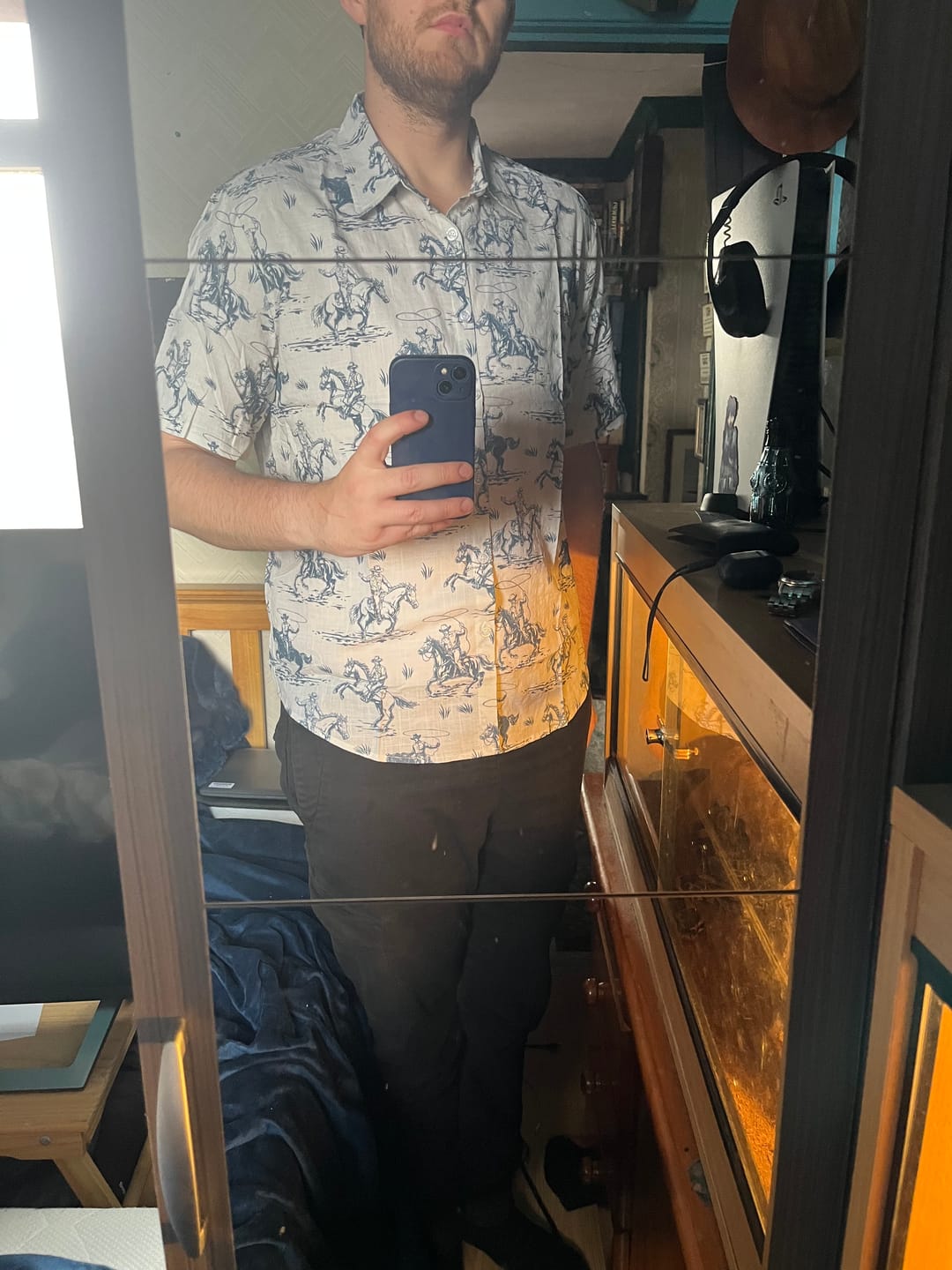Customer photo review of Men's Horse Print Cowboy Button Up Holiday Short Sleeve Shirt