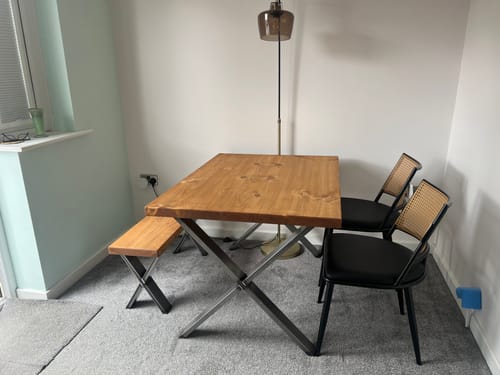 Customer photo review of Industrial Dining Table with X-Frame Leg