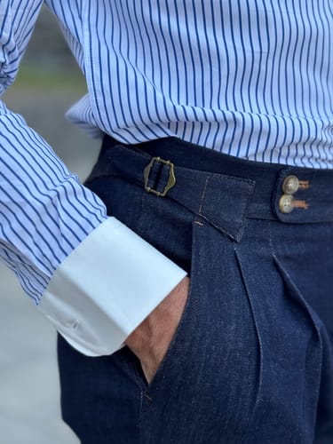 Customer photo review of Men's High Waisted Pants Retro Denim Casual Trousers