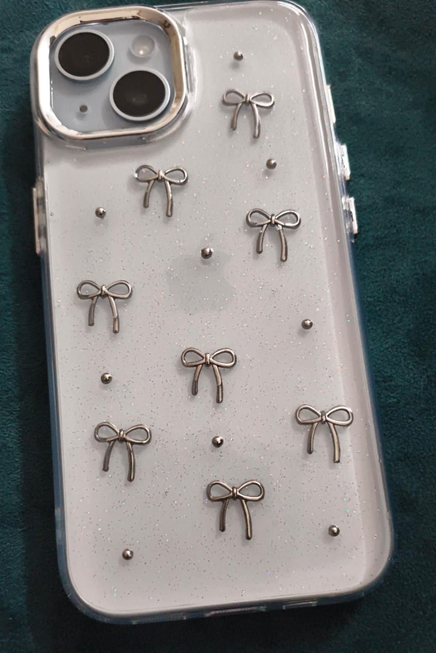 Customer photo review of 3D Glitter Silver Bow Transparent iPhone Case