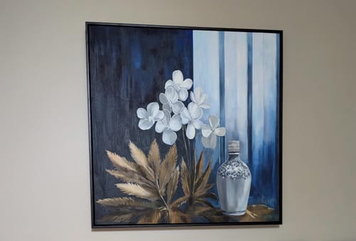 Customer photo review of Moonlit Stillness - Modern Blue Gold Floral Still Life Painting Square Abstract Wall Art