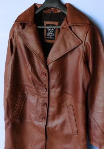 Customer photo review of Long Cognac Leather Car Coat for Women
