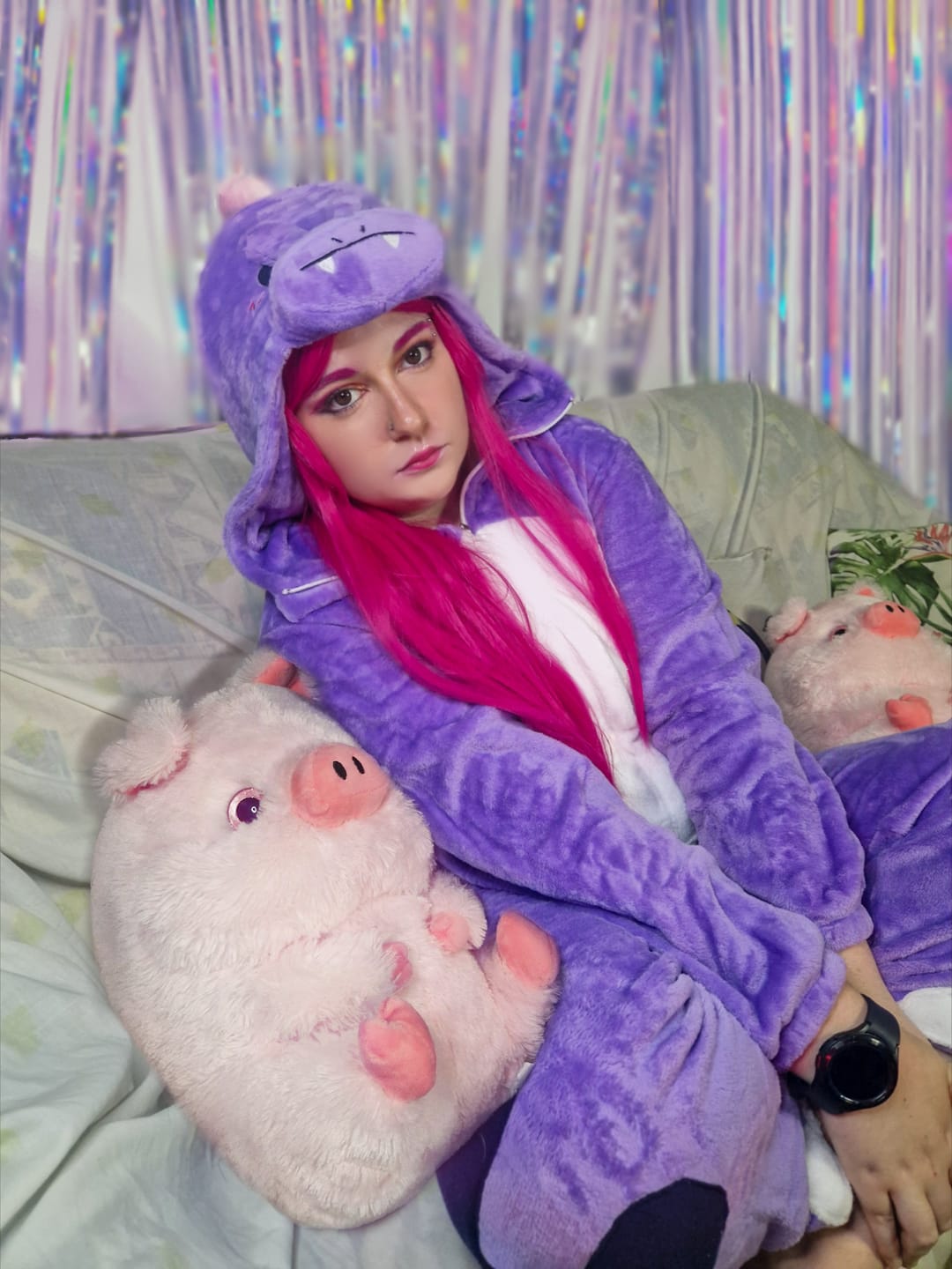 Customer photo review of OLAOLA Unisex Adult Plush Purple Dinosaur Animals Onesie Pajamas Warm Home One-Piece Sleepwear