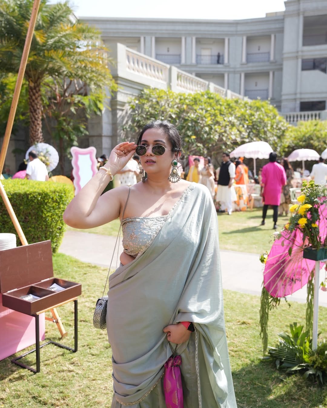 Customer photo review of Alaya Mehfil Smoke Green Godet Sari set
