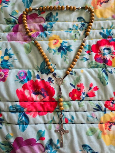 Customer photo review of Classic Wood Rosary with St. Benedict Medal & Crucifix