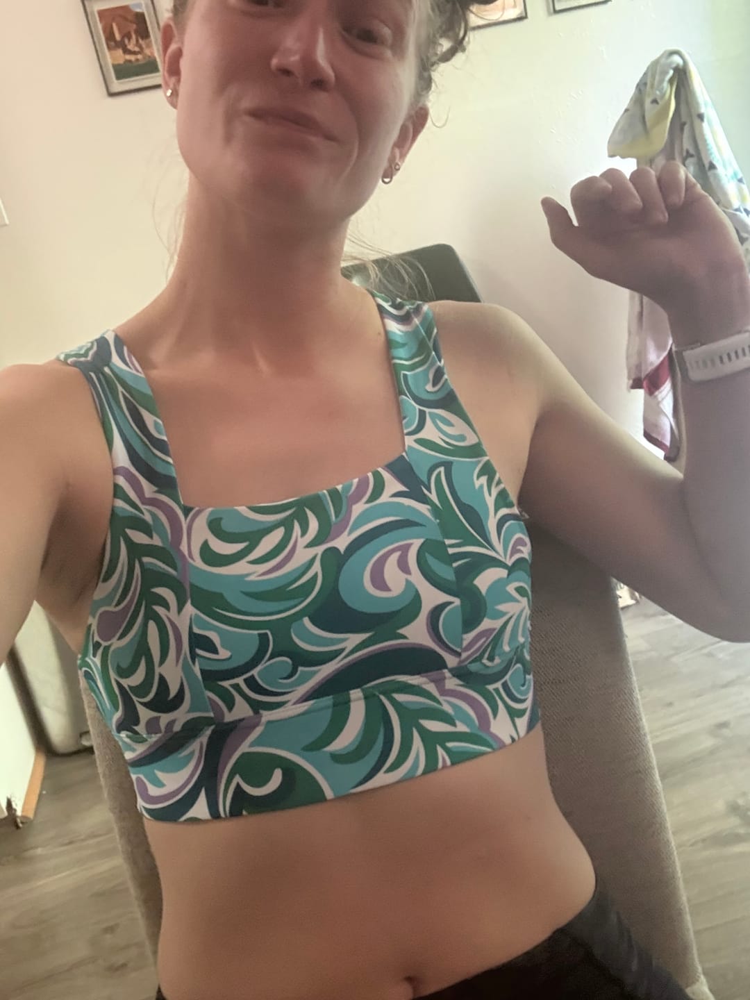 Customer photo review of Square Neck Sports Bra - Green and Purple Swirl