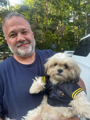 Customer photo review of Custom Black Black-Gold Classic Style Dog Jersey