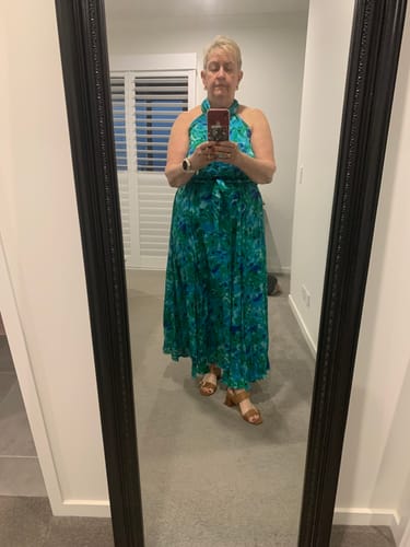 Customer photo review of Kiss Me Halter Neck Maxi Dress In Green Watercolour Print