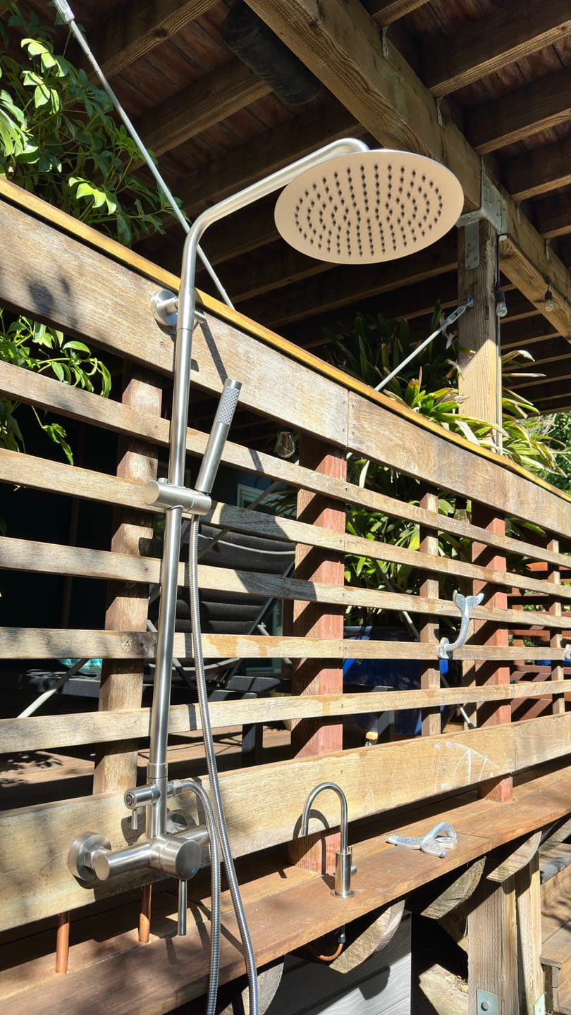 Customer photo review of Outdoor Shower Fixture with 304 Stainless Steel 10” Rainfall Shower Head and Adjustable Slide Bar