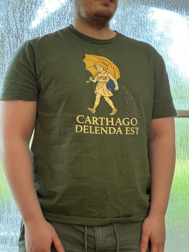 Customer photo review of Carthago Delenda Est Morton's Salt Parody Logo T-Shirt