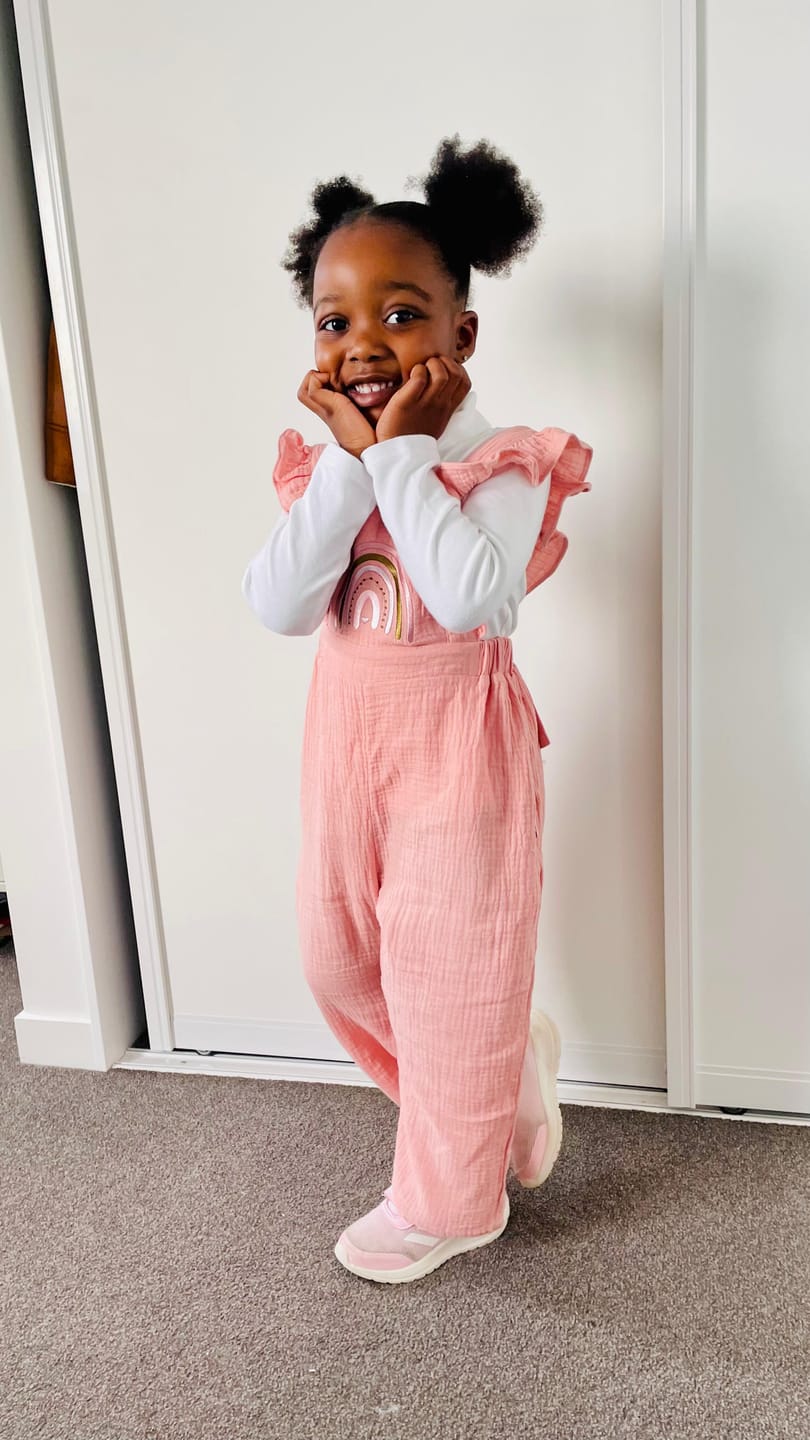 Customer photo review of Rainbow Muslin Overall - Blush