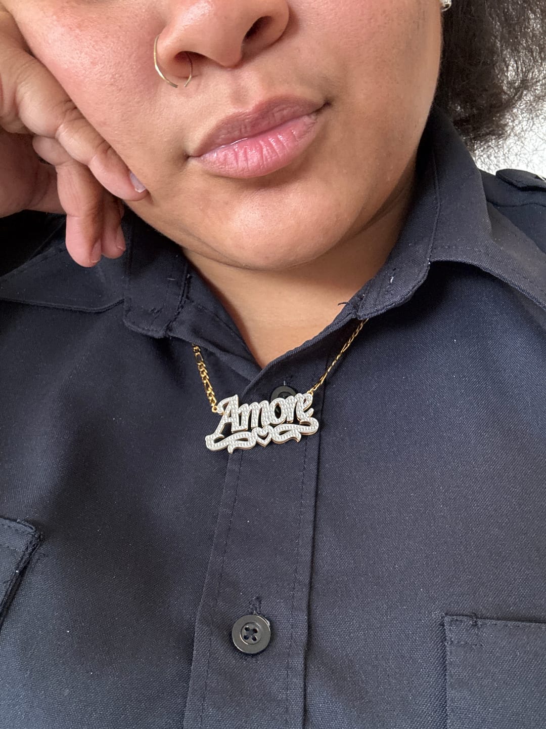 Customer photo review of Double Plated Heart Title Name Necklace w/ Figaro Chain
