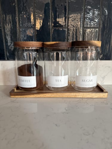 Customer photo review of Set of 3 Acacia Glass Jars Tea, Coffee and Sugar 750 ML & Rectangle Tray [LABEL SLIM]