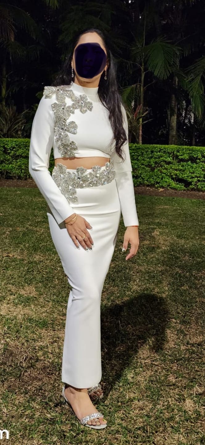 Customer photo review of Diamond Flower Accent 2 Piece Set With Long Sleeves Top And Maxi Skirt - White