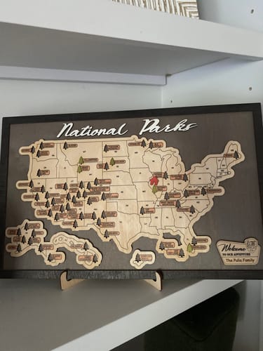 Customer photo review of US Wooden National Parks Travel Map With Trees To Record Park Visits (Light Grey)
